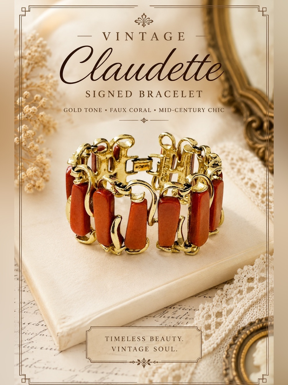 VTG Claudette Gold Tone & Faux Coral Link Bracelet Signed Mid-Century Statement